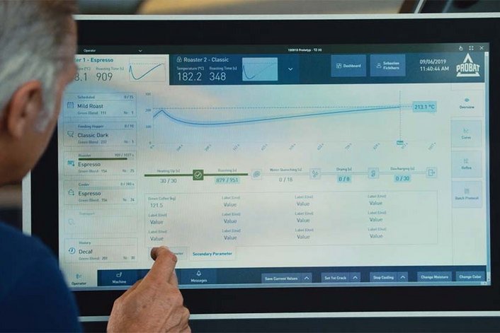 Probat software solution A man is standing in front of a screen showing the Probat roasting software